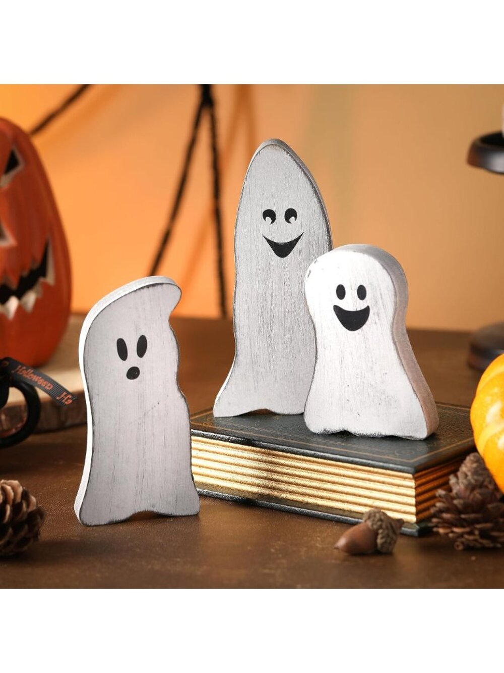 Set of 3 Halloween Tiered Tray Wood Ghost Sign Table Centerpiece Mantel Decor